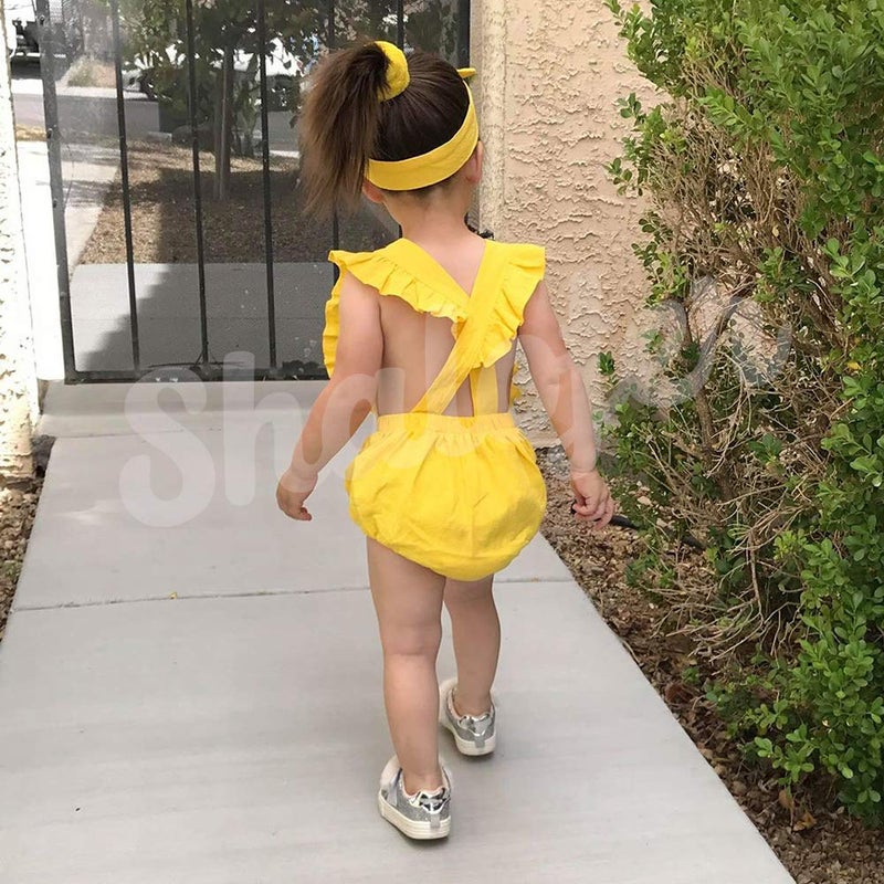 Shalofer Baby Girls One Year Old Outfits First Birthday Clothes Cute Backless Ruffles Jumpsuit with Headband (Yellow,12-18 Months) - Image 4